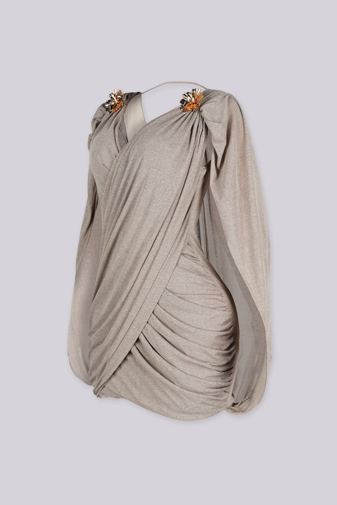 Fitted ruched mini dress with a plunging crossover wrap front, mocha side view