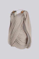 Fitted ruched mini dress with a plunging crossover wrap front, mocha side view