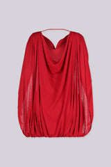 Fitted ruched mini dress with a plunging crossover wrap front, red back view
