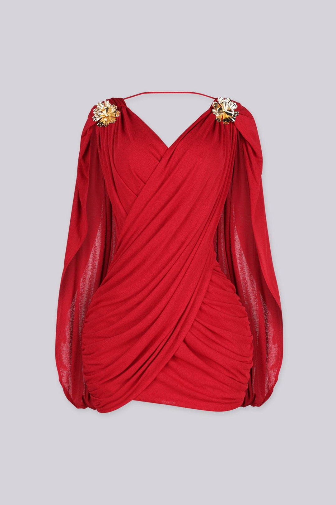 Fitted ruched mini dress with a plunging crossover wrap front, red front view