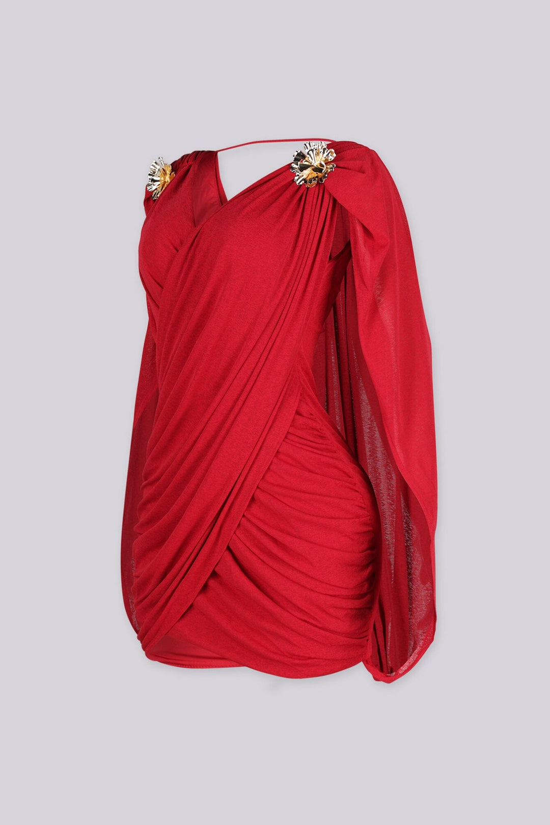 Fitted ruched mini dress with a plunging crossover wrap front, red side view