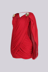 Fitted ruched mini dress with a plunging crossover wrap front, red side view
