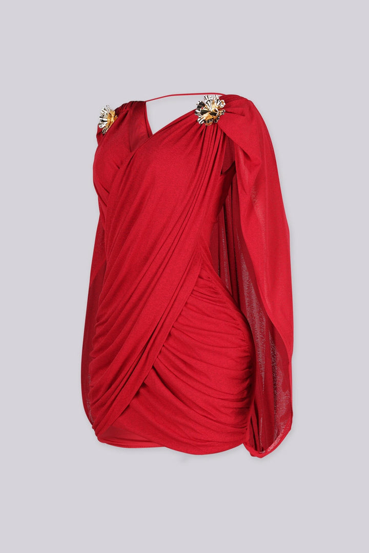 Fitted ruched mini dress with a plunging crossover wrap front, red side view
