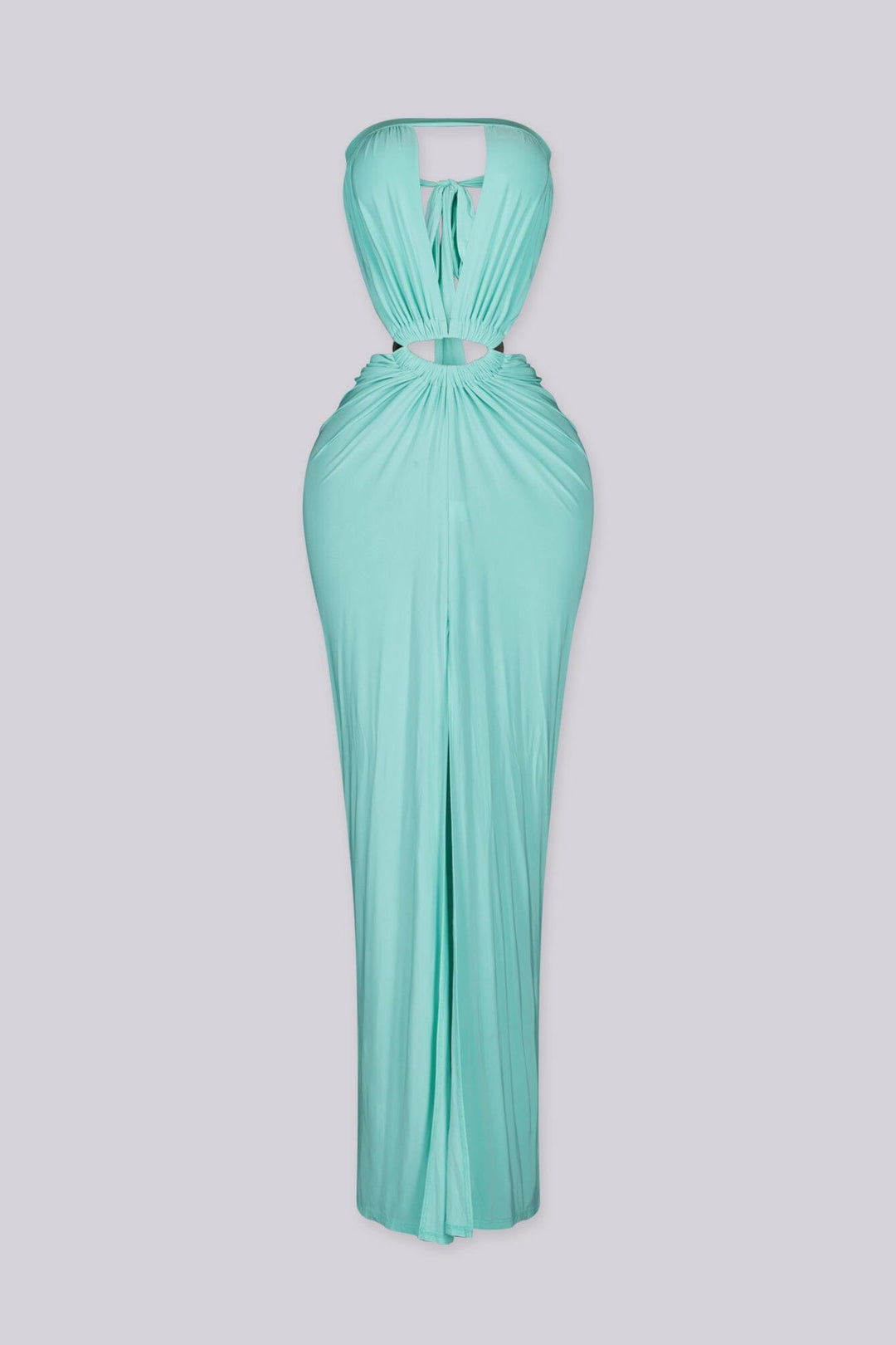 Strapless maxi dress featuring deep plunging slit keyhole down the center bust and high front thigh slit
Oval cutout detail with silver hardware at the center front