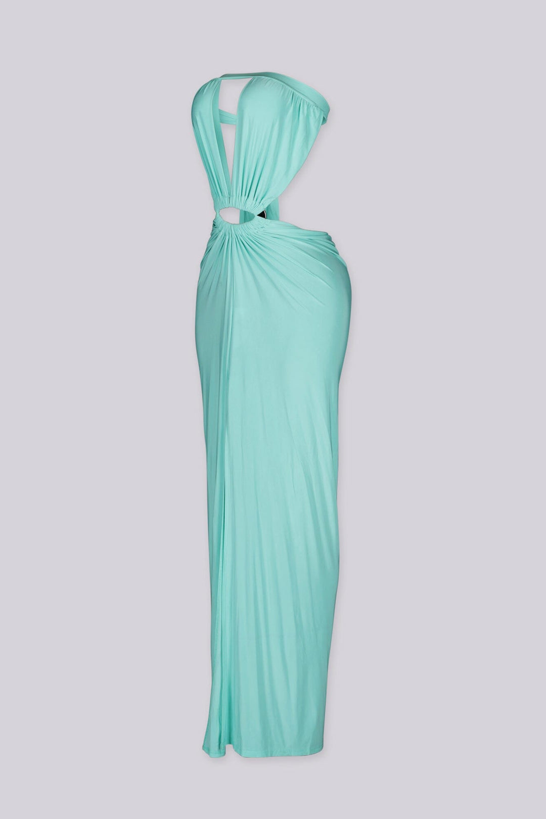 Strapless maxi dress featuring deep plunging slit keyhole down the center bust and high front thigh slit
Oval cutout detail with silver hardware at the center front
