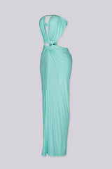 Strapless maxi dress featuring deep plunging slit keyhole down the center bust and high front thigh slit
Oval cutout detail with silver hardware at the center front