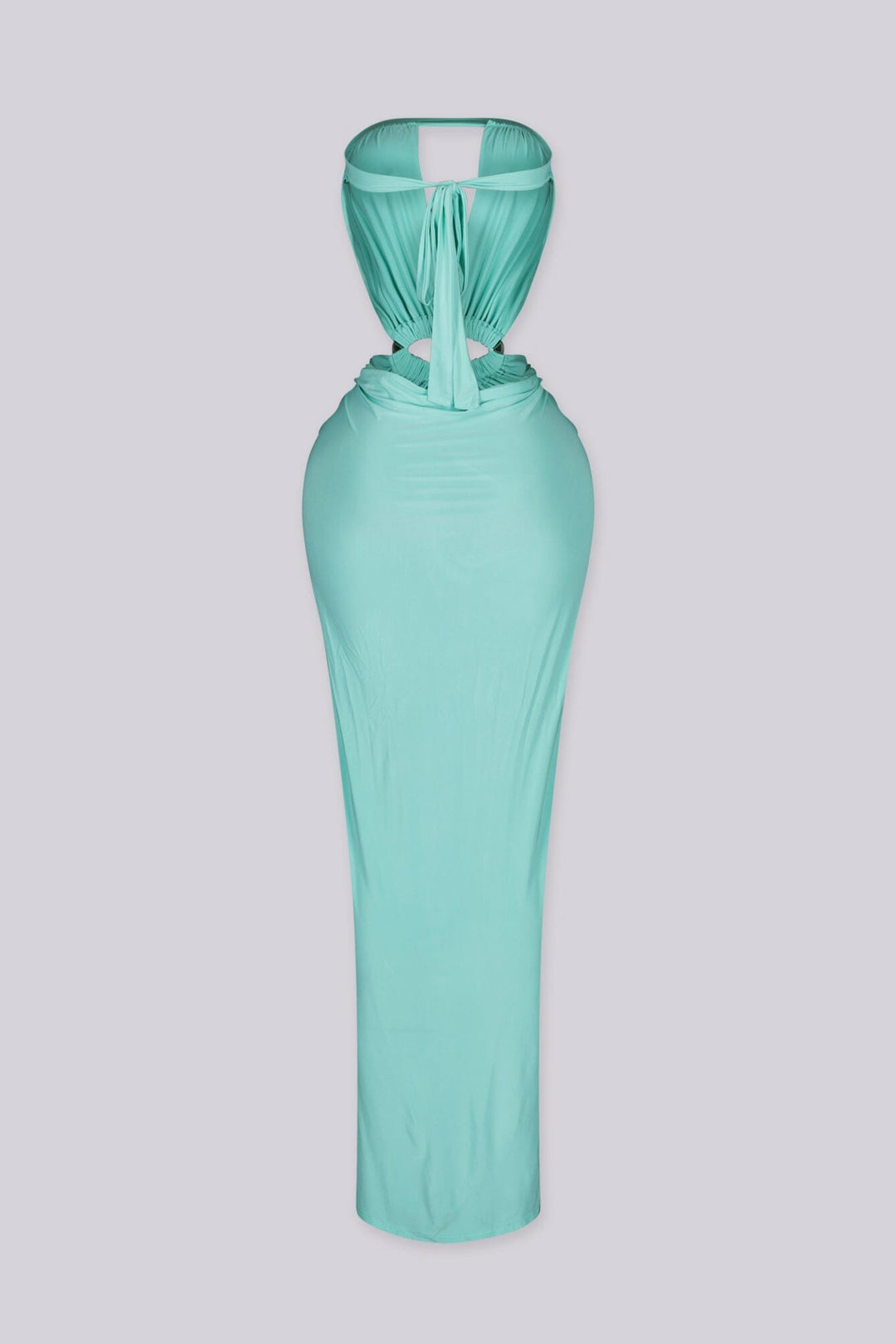 Strapless maxi dress featuring deep plunging slit keyhole down the center bust and high front thigh slit
Oval cutout detail with silver hardware at the center front