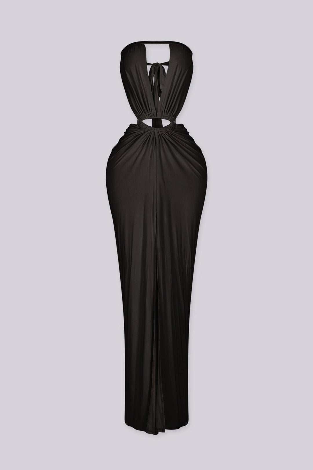 Strapless maxi dress featuring deep plunging slit keyhole down the center bust and high front thigh slit
Oval cutout detail with silver hardware at the center front