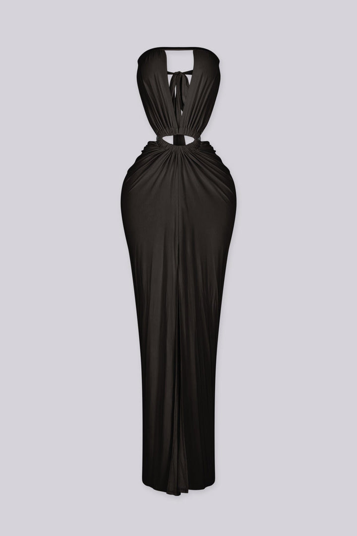 Strapless maxi dress featuring deep plunging slit keyhole down the center bust and high front thigh slit
Oval cutout detail with silver hardware at the center front