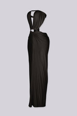 Strapless maxi dress featuring deep plunging slit keyhole down the center bust and high front thigh slit
Oval cutout detail with silver hardware at the center front