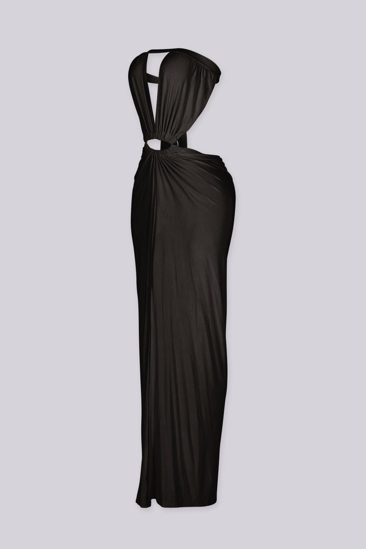 Strapless maxi dress featuring deep plunging slit keyhole down the center bust and high front thigh slit
Oval cutout detail with silver hardware at the center front