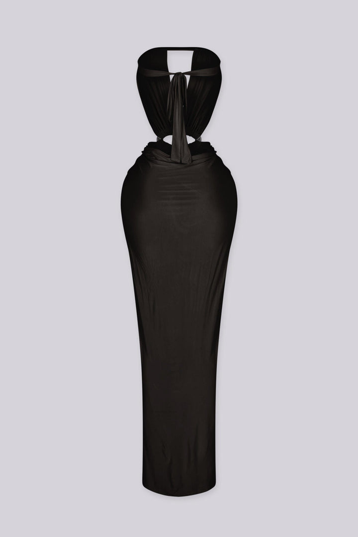 Strapless maxi dress featuring deep plunging slit keyhole down the center bust and high front thigh slit
Oval cutout detail with silver hardware at the center front