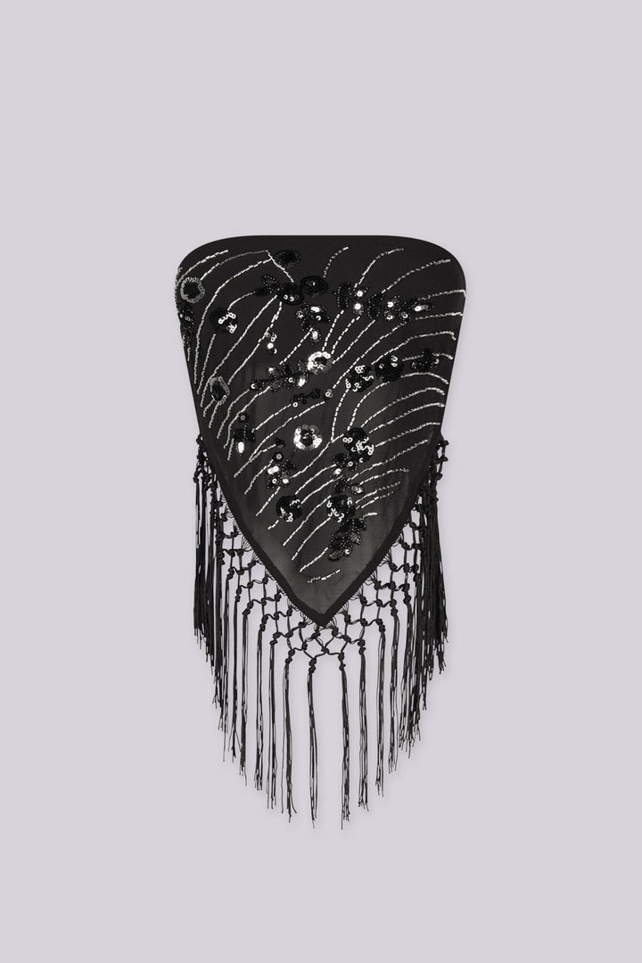 Sequin embellished bandana tube top with statement fringe detail