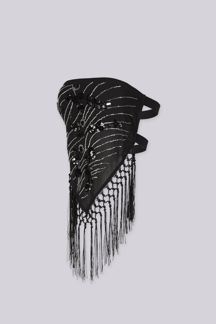 Sequin embellished bandana tube top with statement fringe detail