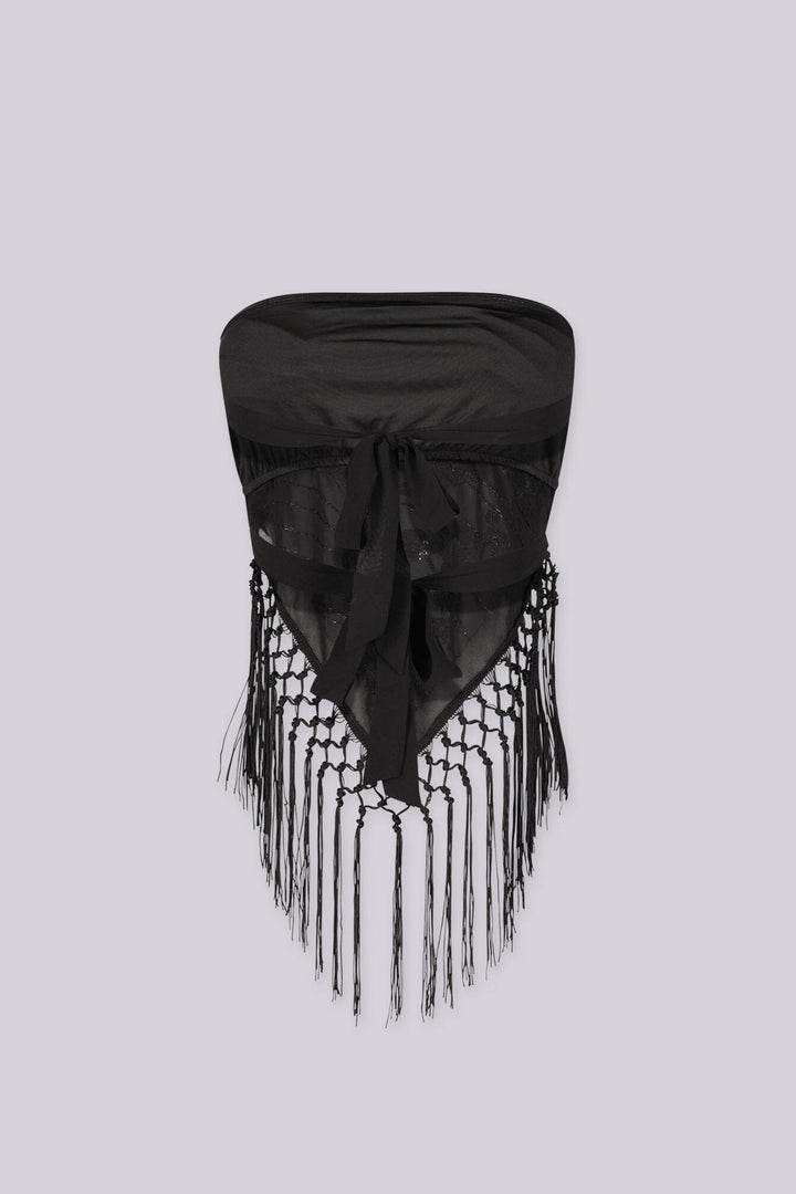 Sequin embellished bandana tube top with statement fringe detail