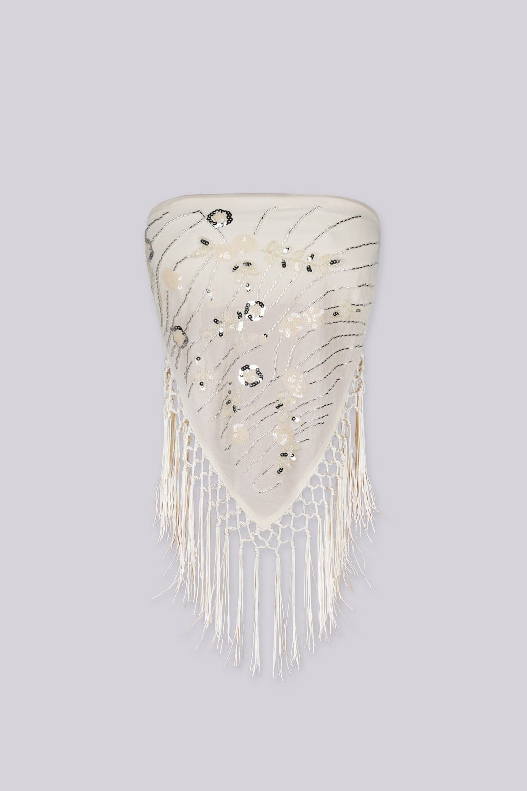 Sequin embellished bandana tube top with statement fringe detail