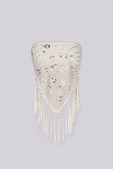 Sequin embellished bandana tube top with statement fringe detail