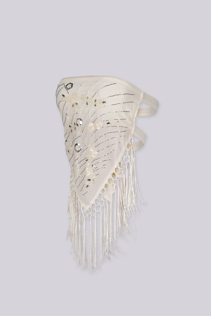 Sequin embellished bandana tube top with statement fringe detail