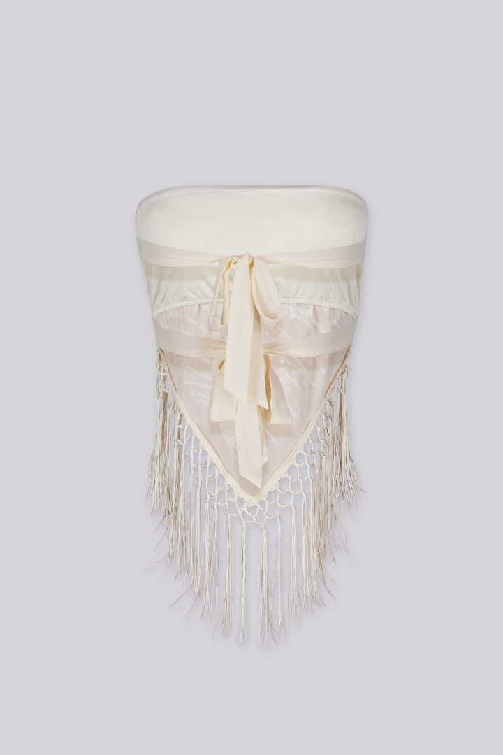 Sequin embellished bandana tube top with statement fringe detail