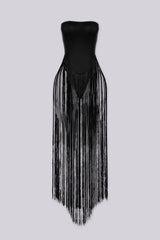 Strapless bodysuit featuring a sleek bandeau top, Floor sweeping string fringe
