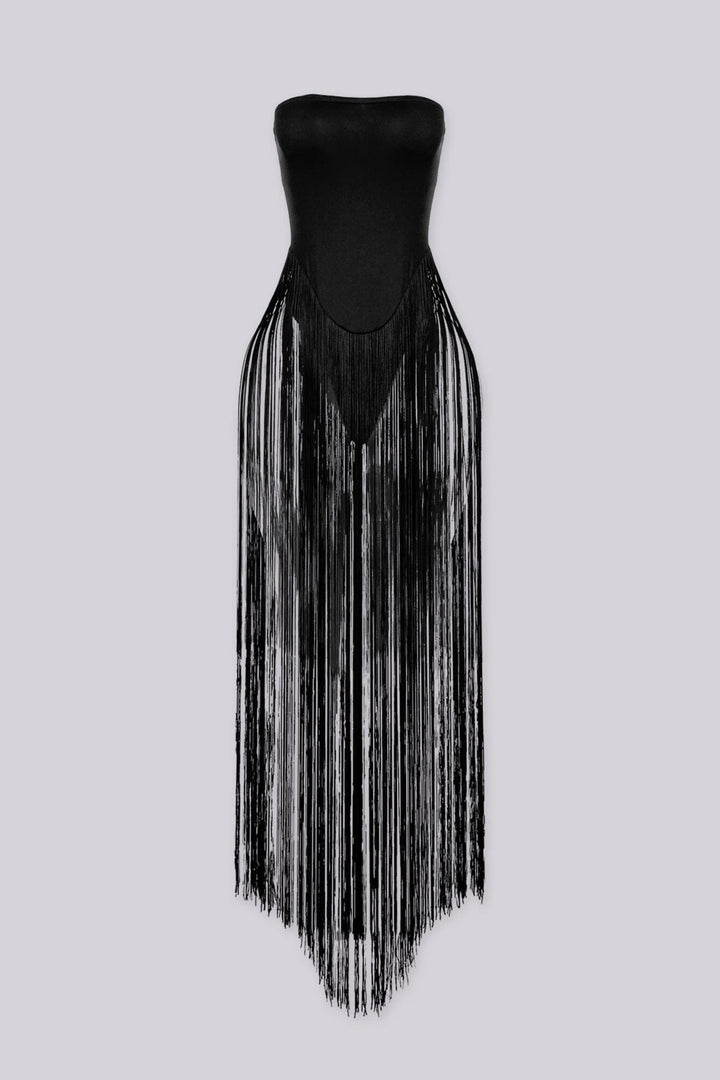 Strapless bodysuit featuring a sleek bandeau top, Floor sweeping string fringe