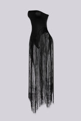 Strapless bodysuit featuring a sleek bandeau top, Floor sweeping string fringe