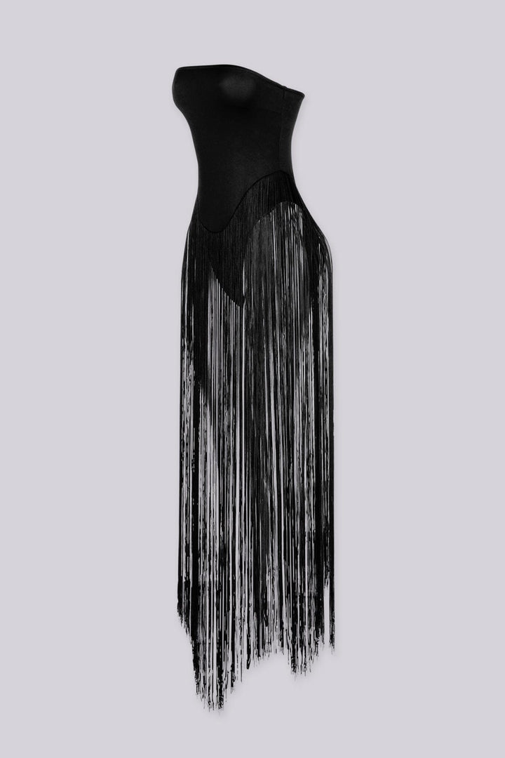 Strapless bodysuit featuring a sleek bandeau top, Floor sweeping string fringe