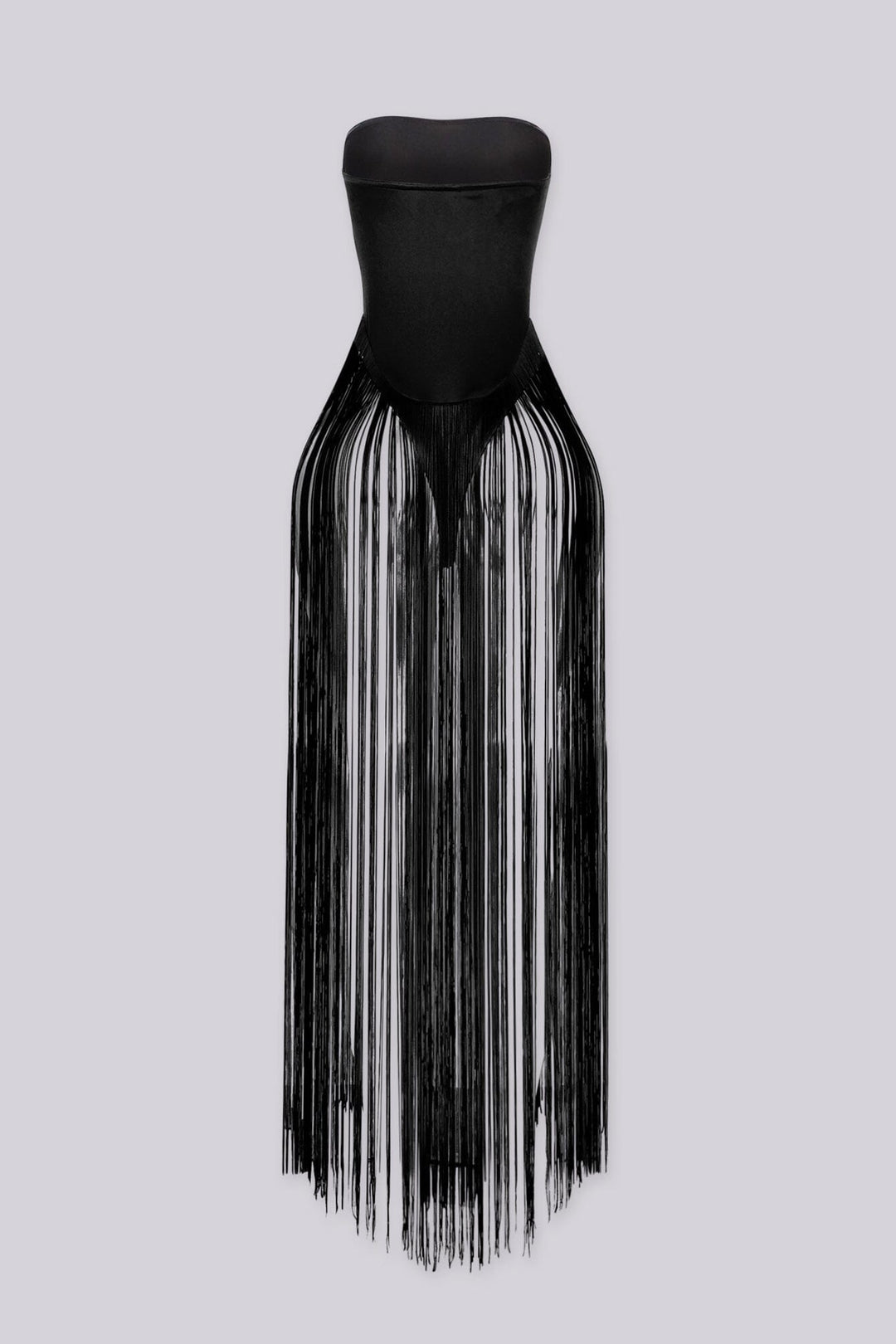 Strapless bodysuit featuring a sleek bandeau top, Floor sweeping string fringe