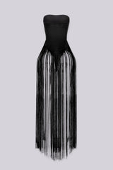 Strapless bodysuit featuring a sleek bandeau top, Floor sweeping string fringe