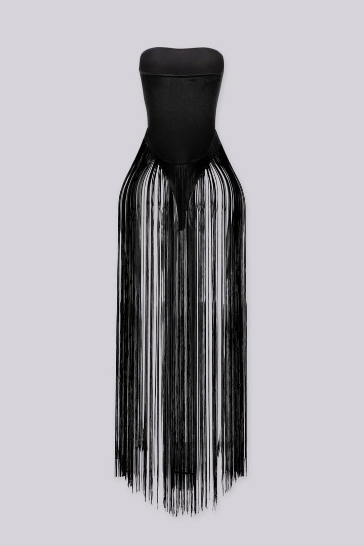 Strapless bodysuit featuring a sleek bandeau top, Floor sweeping string fringe