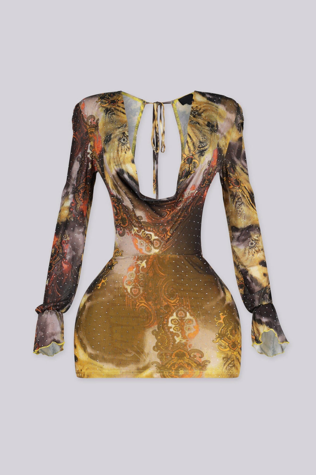 Sheer mesh mini dress with fine rhinestone embellishment throughout