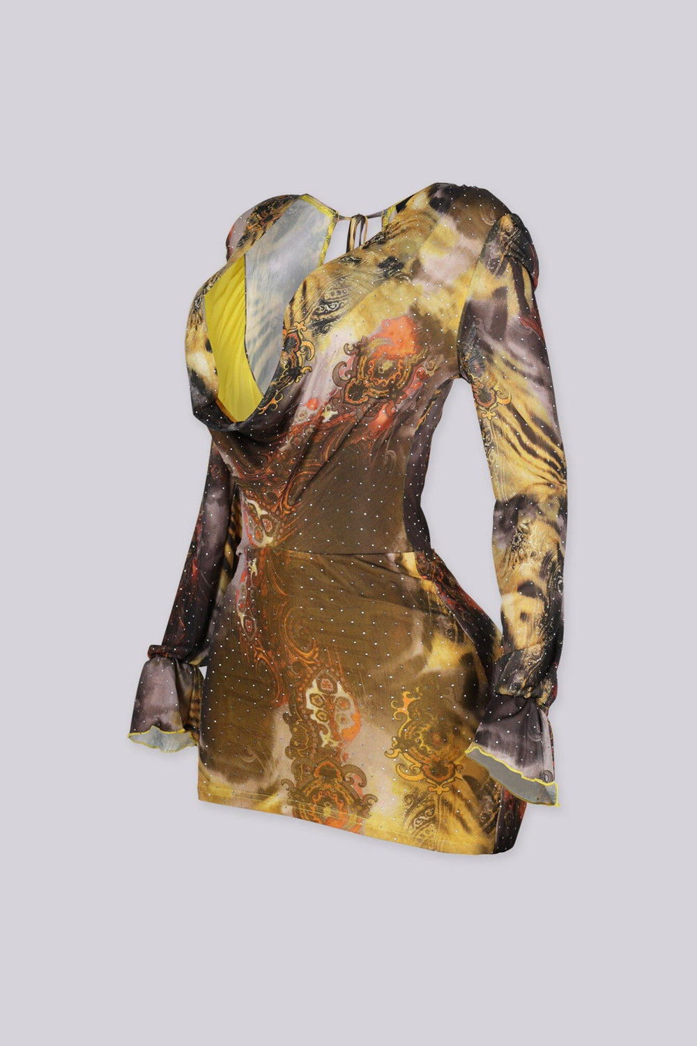 Sheer mesh mini dress with fine rhinestone embellishment throughout