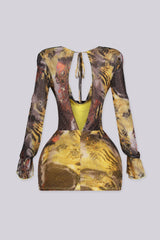 Sheer mesh mini dress with fine rhinestone embellishment throughout