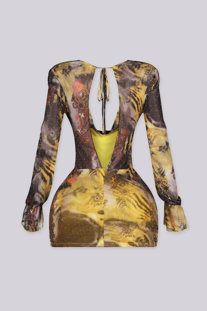 Sheer mesh mini dress with fine rhinestone embellishment throughout
