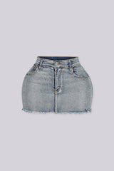 High waist denim mini skirt featuring all over rhinestone details and raw frayed hem, Zip and fly button closure