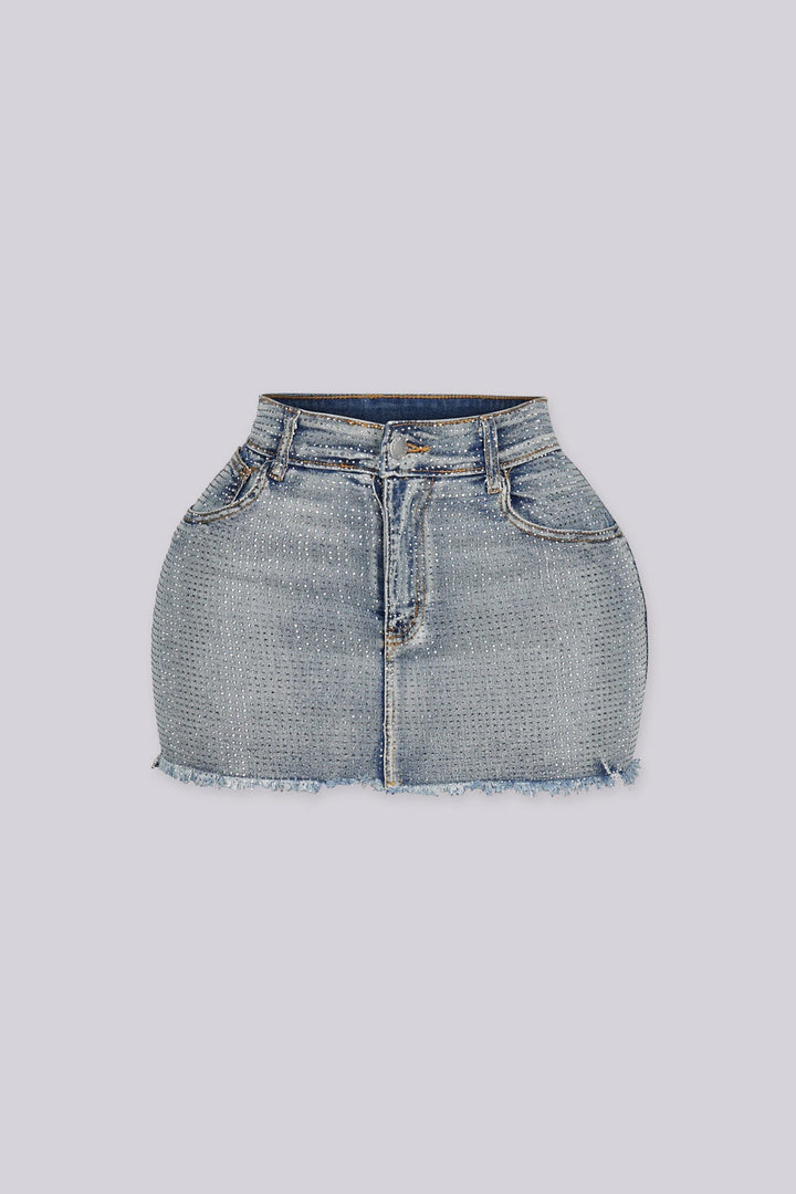 High waist denim mini skirt featuring all over rhinestone details and raw frayed hem, Zip and fly button closure