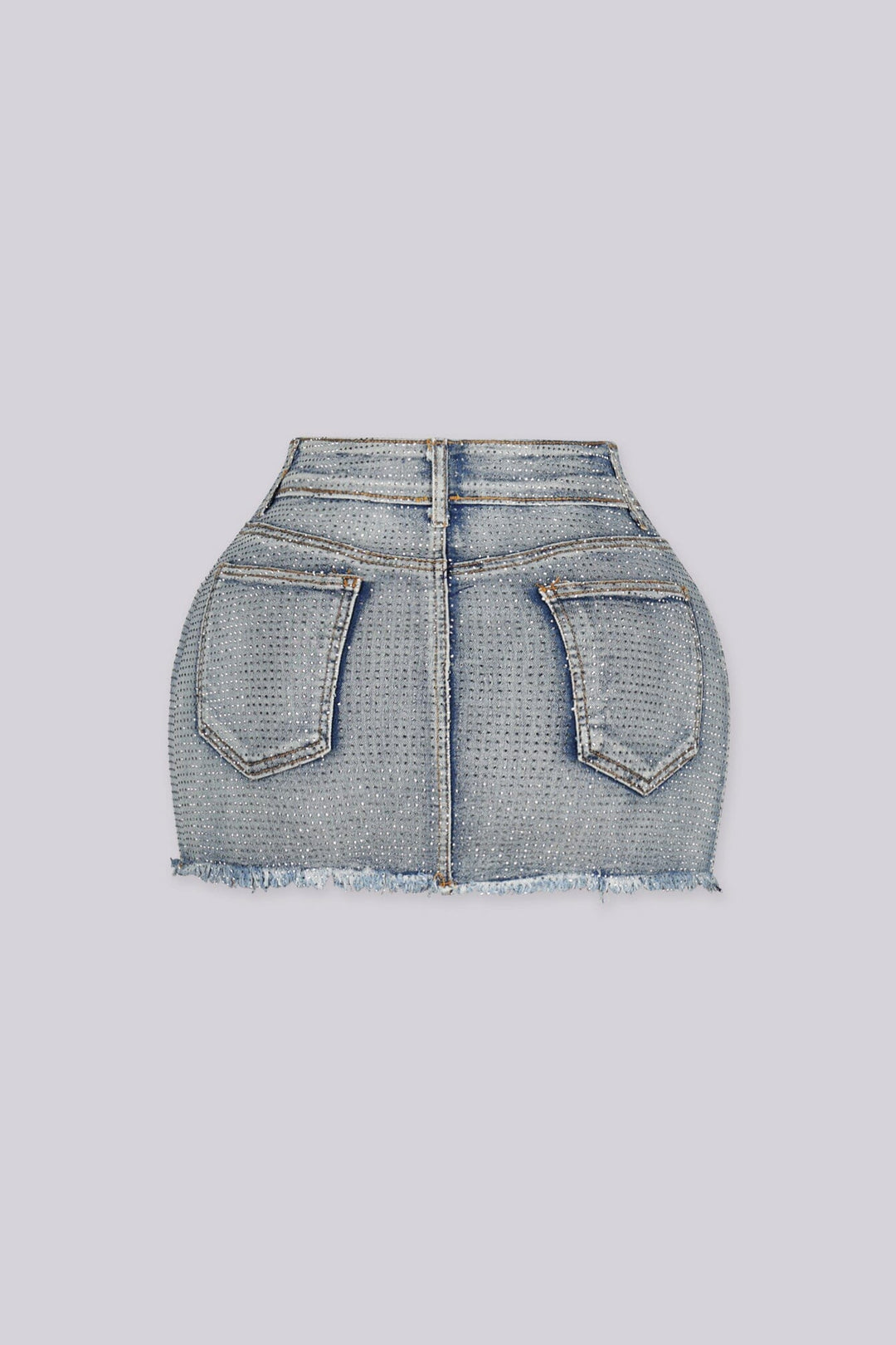 High waist denim mini skirt featuring all over rhinestone details and raw frayed hem, Zip and fly button closure