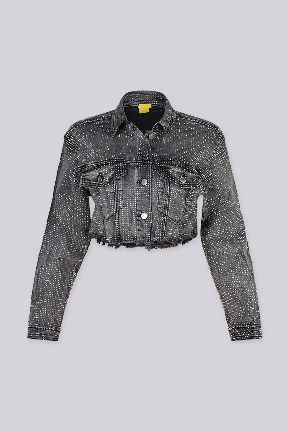 Eye catching denim crop jacket featuring a raw hem and sparkling rhinestone detailing throughout
