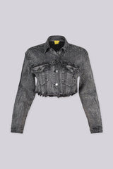 Eye catching denim crop jacket featuring a raw hem and sparkling rhinestone detailing throughout