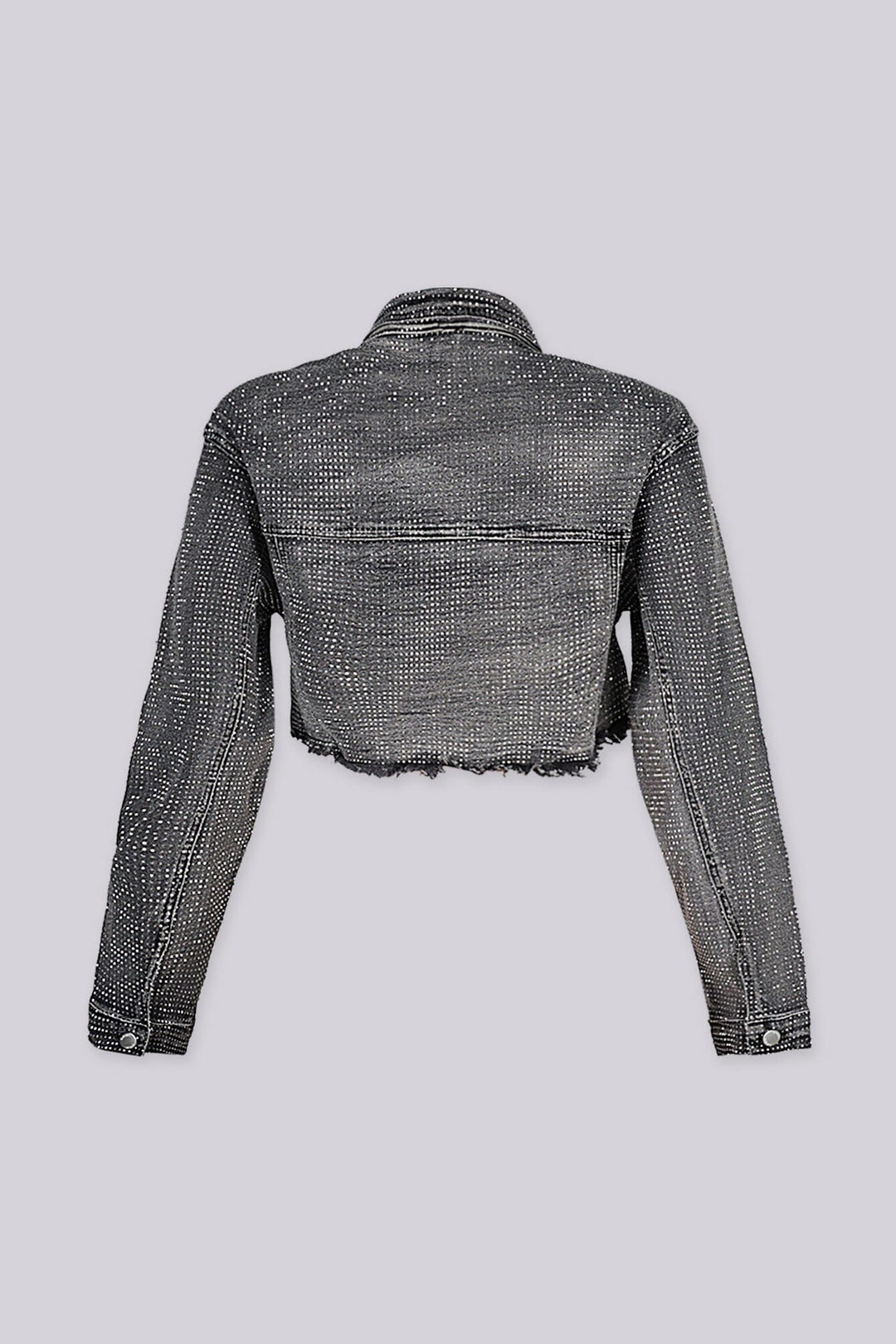 Eye catching denim crop jacket featuring a raw hem and sparkling rhinestone detailing throughout