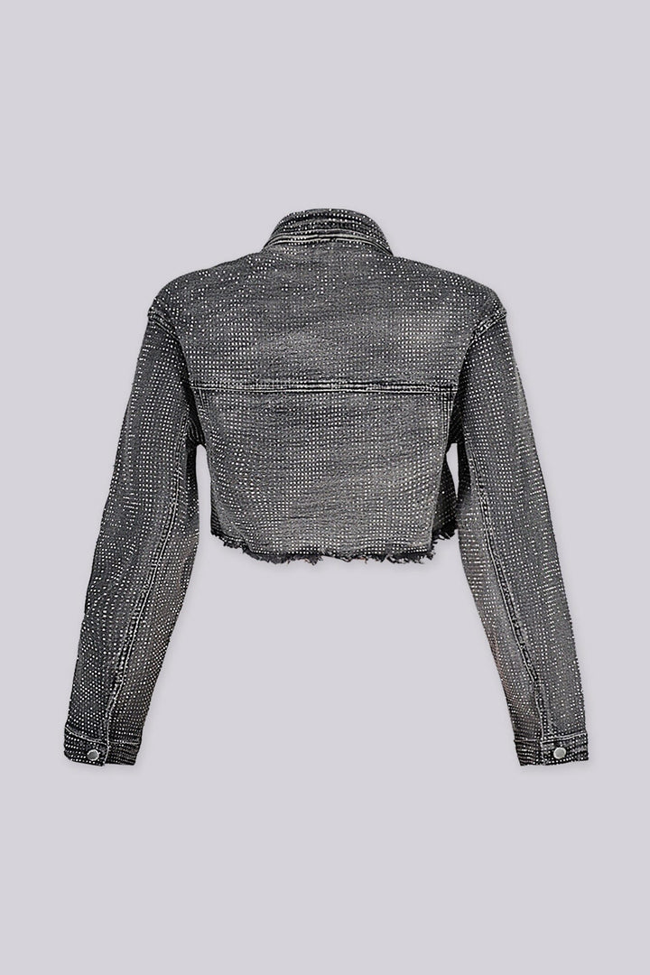 Eye catching denim crop jacket featuring a raw hem and sparkling rhinestone detailing throughout