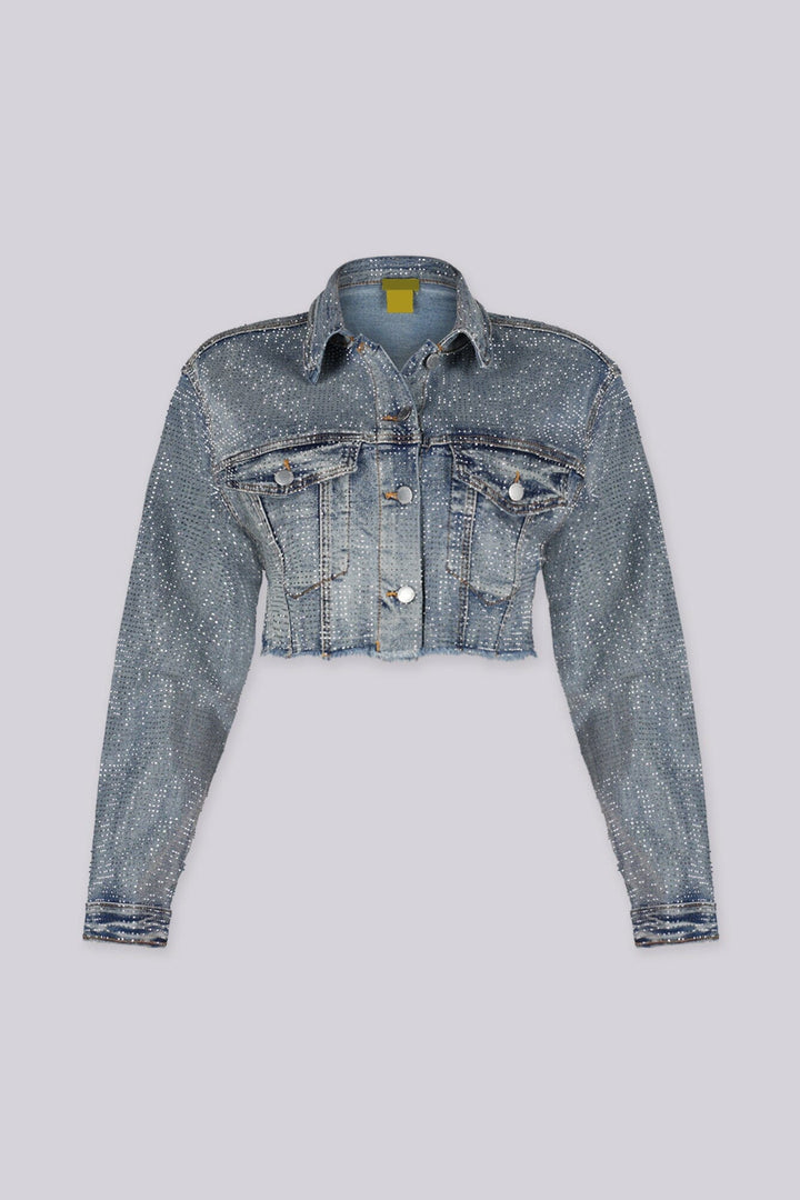 Eye catching denim crop jacket featuring a raw hem and sparkling rhinestone detailing throughout