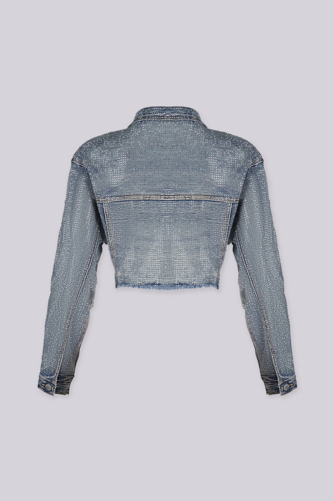 Eye catching denim crop jacket featuring a raw hem and sparkling rhinestone detailing throughout