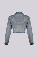 Eye catching denim crop jacket featuring a raw hem and sparkling rhinestone detailing throughout