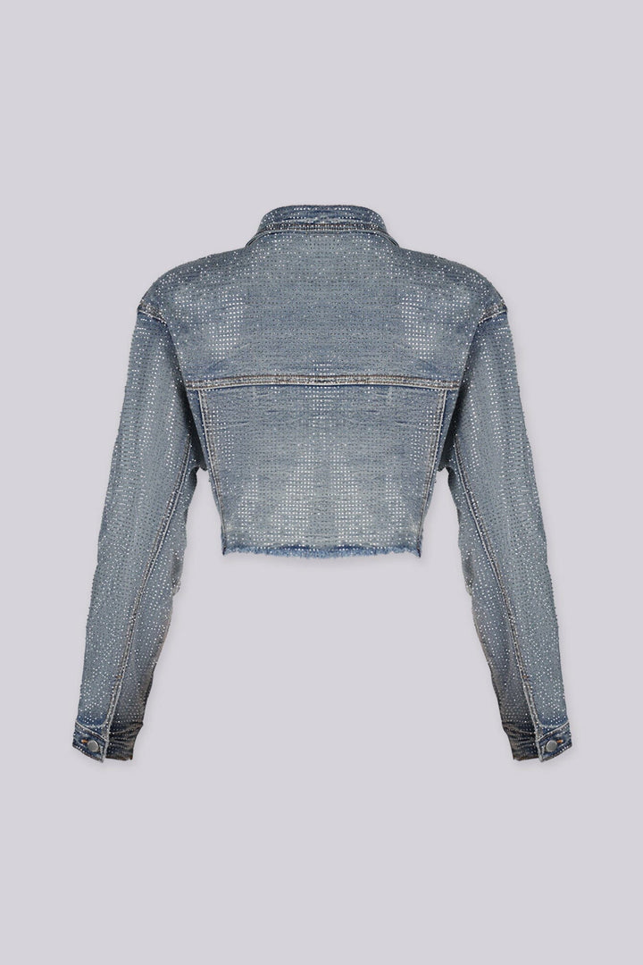 Eye catching denim crop jacket featuring a raw hem and sparkling rhinestone detailing throughout