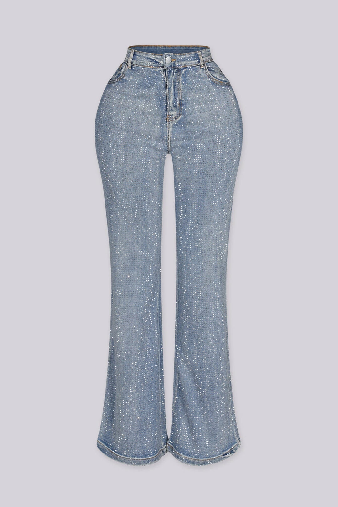 High waist denim jeans featuring all over rhinestone embellishments
Flare leg silhouette with a subtle bell-bottom finish