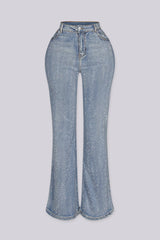 High waist denim jeans featuring all over rhinestone embellishments
Flare leg silhouette with a subtle bell-bottom finish