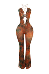 EDGE — orange multi print ruffle cross jumpsuit, front view flat lay