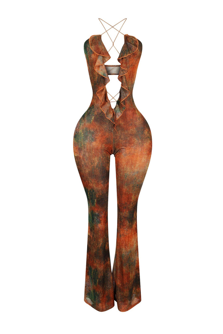 EDGE — orange multi print ruffle cross jumpsuit, front view flat lay