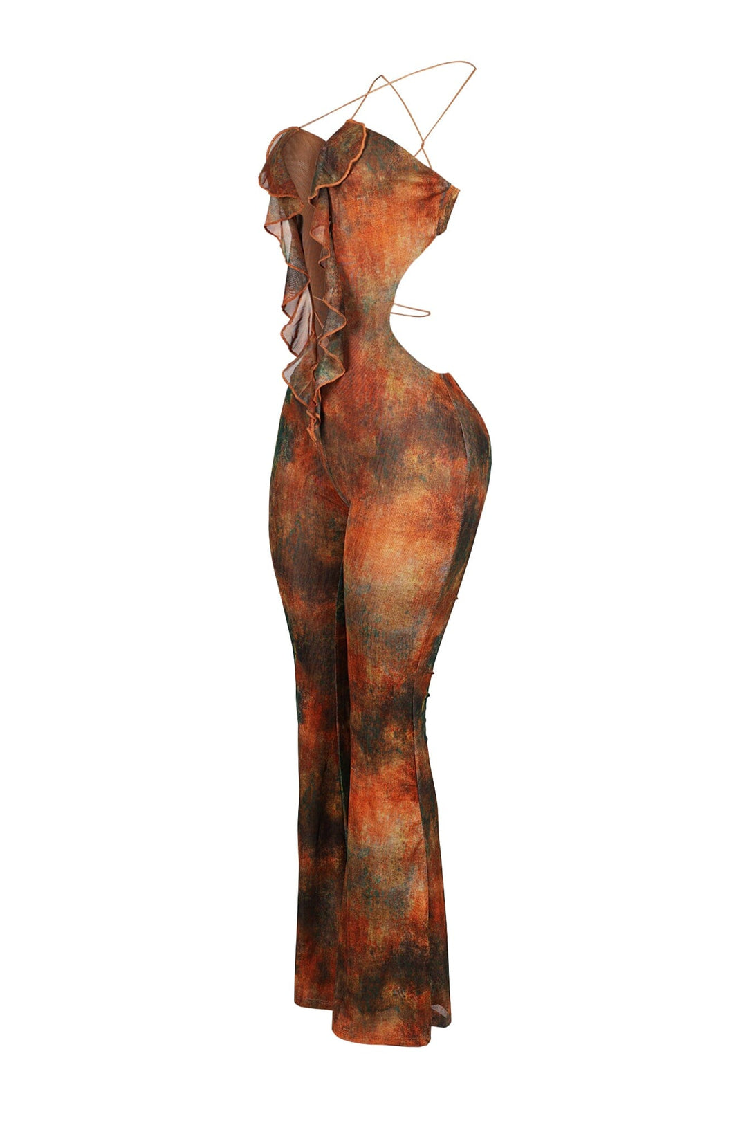 EDGE — orange multi print ruffle cross jumpsuit, side view flat lay